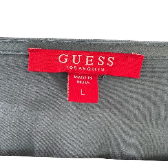 Guess Los Angeles Satiny Teal Blue V-Neck Smocked Blouse L - Picture 4 of 6